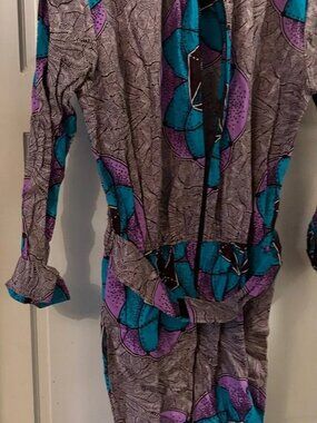Collared Long-Sleeve Jumpsuit in Purple & Teal Print Cotton African Wax Print
